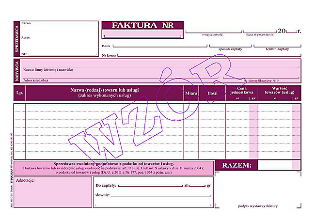 format Panta-plast, faktura dla zwolnionych z podatku, A5