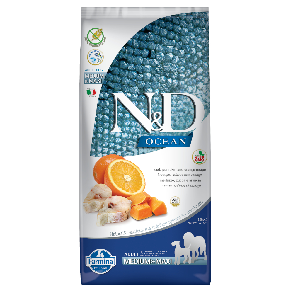 Farmina N&D Bezzbożowy Dorsz Oceaniczny, Dynia & Pomarańcza Medium & Maxi - Opakowanie ekonomiczne: 2 x 12 kg