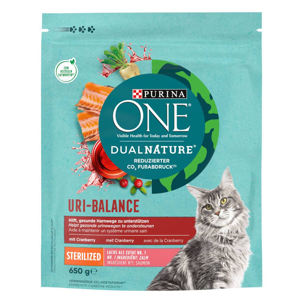 Purina One Dual Nature Sterilized, z łososiem i żurawiną - 2 x 650 g