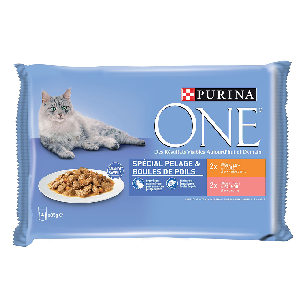 Purina ONE wygodne opakowanie 8 x 85 g - Coat & Hairball kurczak i łosoś