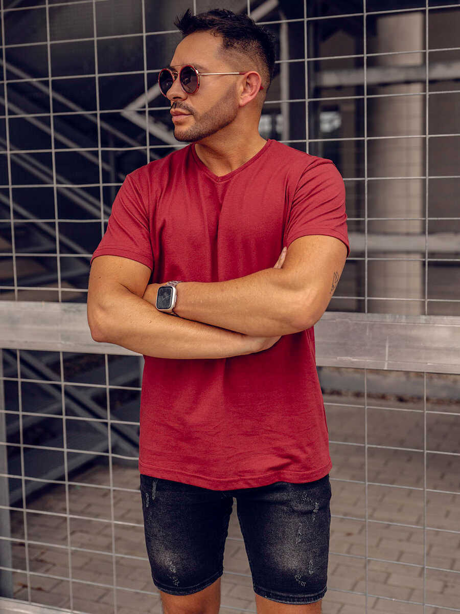 T-shirt męski bez nadruku w serek bordowy Bolf 192131A