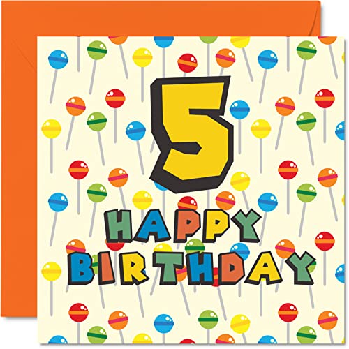 Kartka na 5. urodziny unisex - cukierki lizak słodycze - kartka urodzinowa 5-letni syn córka brat siostra wnuczka siostrzenica siostrzenica kuzyn 145 mm x 145 mm kartka z życzeniami na piąte urodziny