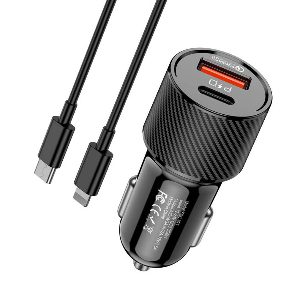 Ładowarka Samochodowa (Usb Typ C Pd + Usb Qc3.0) + Kabel Usb-C - Apple Lightning 1M Kakusiga Ksc-678 Czarna