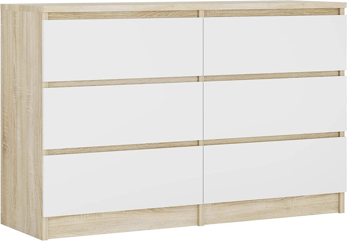 Komoda 120 cm z sześcioma szufladami w stylu skandynawskim, kolor: dąb sonoma/biały, Wymiary: 120 cm x 39 cm x 78 cm