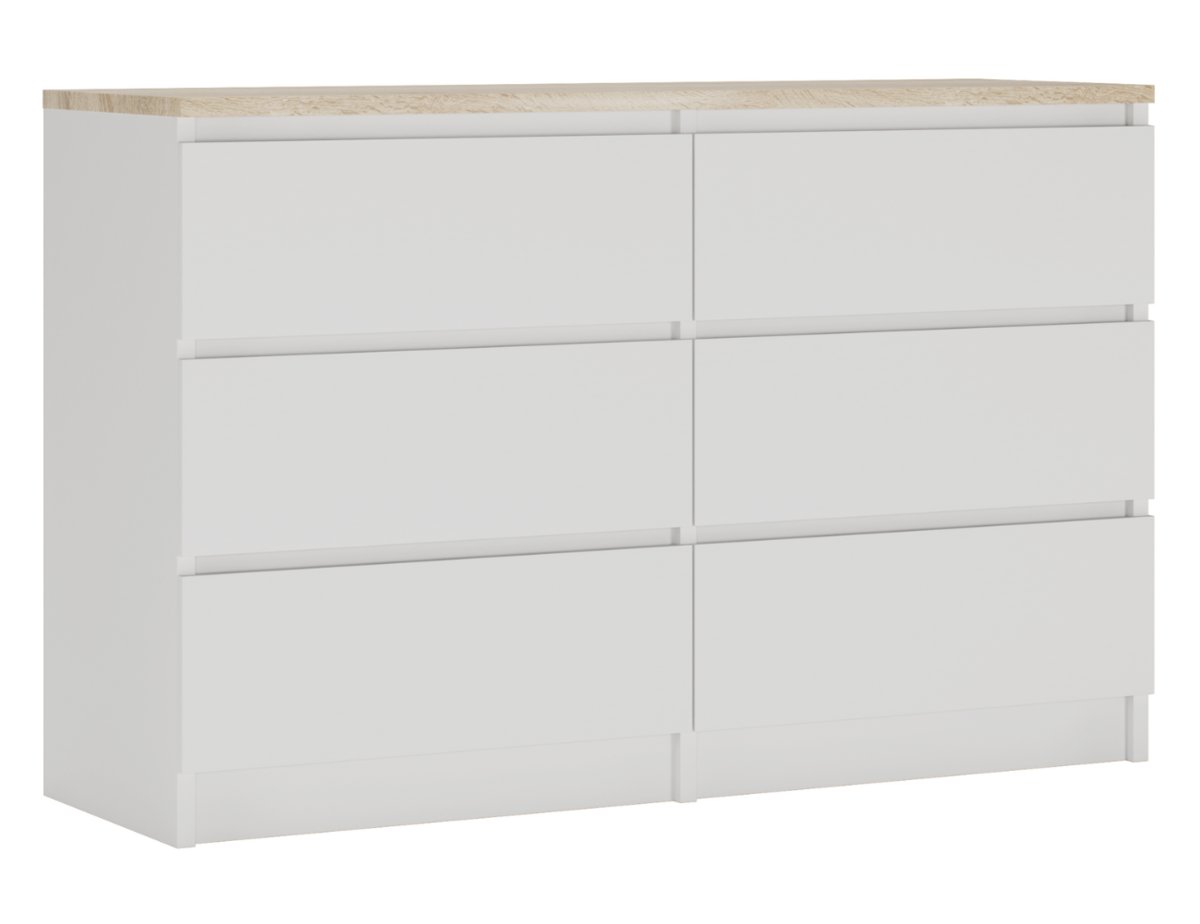 Komoda 120 cm z sześcioma szufladami w stylu skandynawskim, kolor: biały/top sonoma, Wymiary: 120 cm x 39 cm x 78 cm