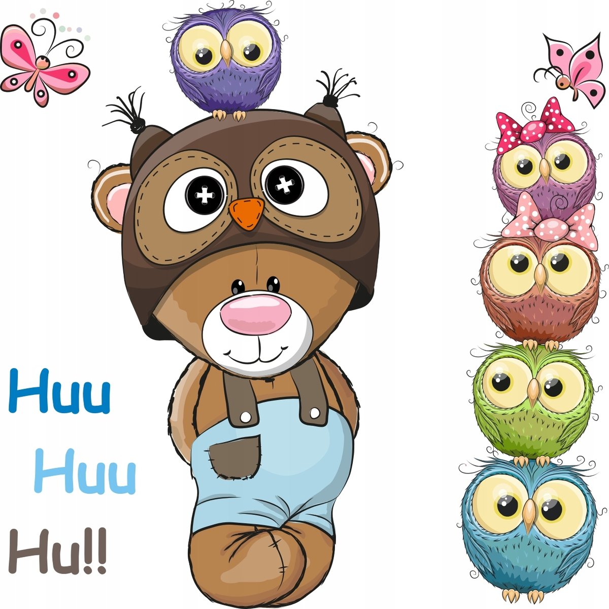 Naklejki na ścianę dla dzieci pluszak Miś i sówki, 100x100 cm