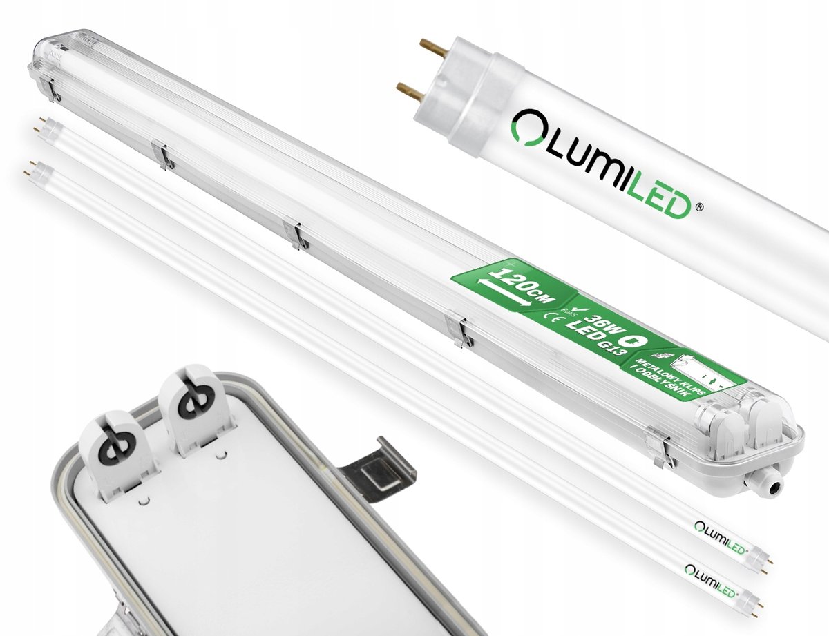 Oprawa Hermetyczna Pyłoszczelna 120cm 2xT8 G13 IP65  + Świetlówki LED 18W 4000K Lumiled