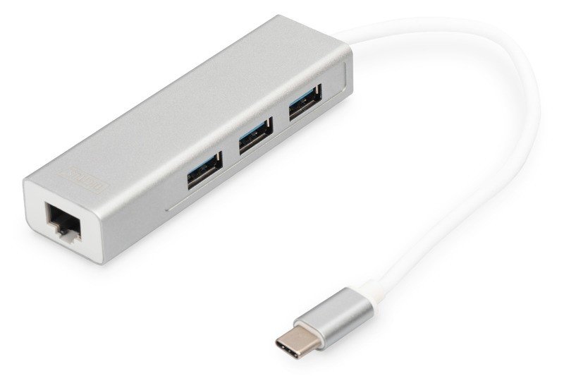 Digitus 3-Port Hub USB 3.0 Typ C z Gigabit Ethernet, 3 X USB A, 1 X RJ45 LAN, obsługa Windows/Mac OS/Chrome OS, srebrny DA-70255