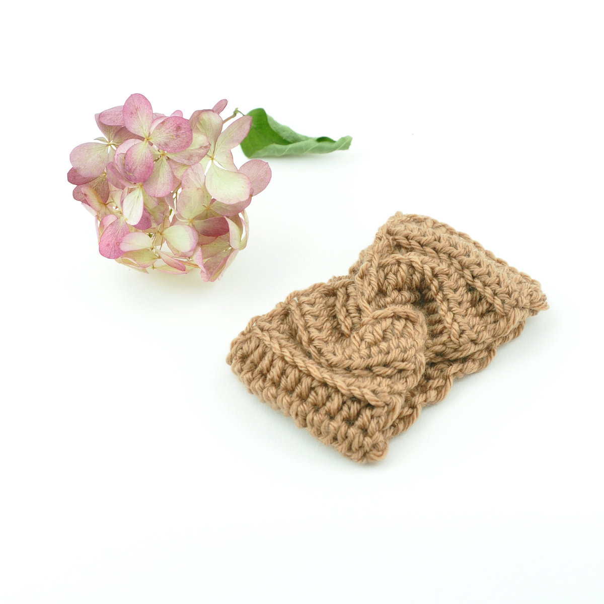 Opaska twist z włóczki dla Miniland 38cm i Paola Reina 34cm, karmelowy