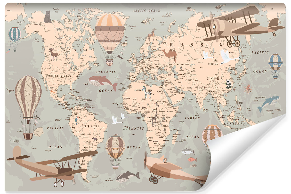 Fototapeta MAPA ŚWIATA Kontynenty Balony Samoloty Tapeta Dla Dzieci 90cm x 60cm