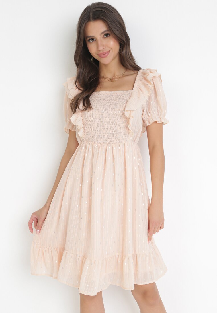 Beżowa Sukienka Mini z Falbankami przy Rękawach i Gumką w Pasie Nevitta