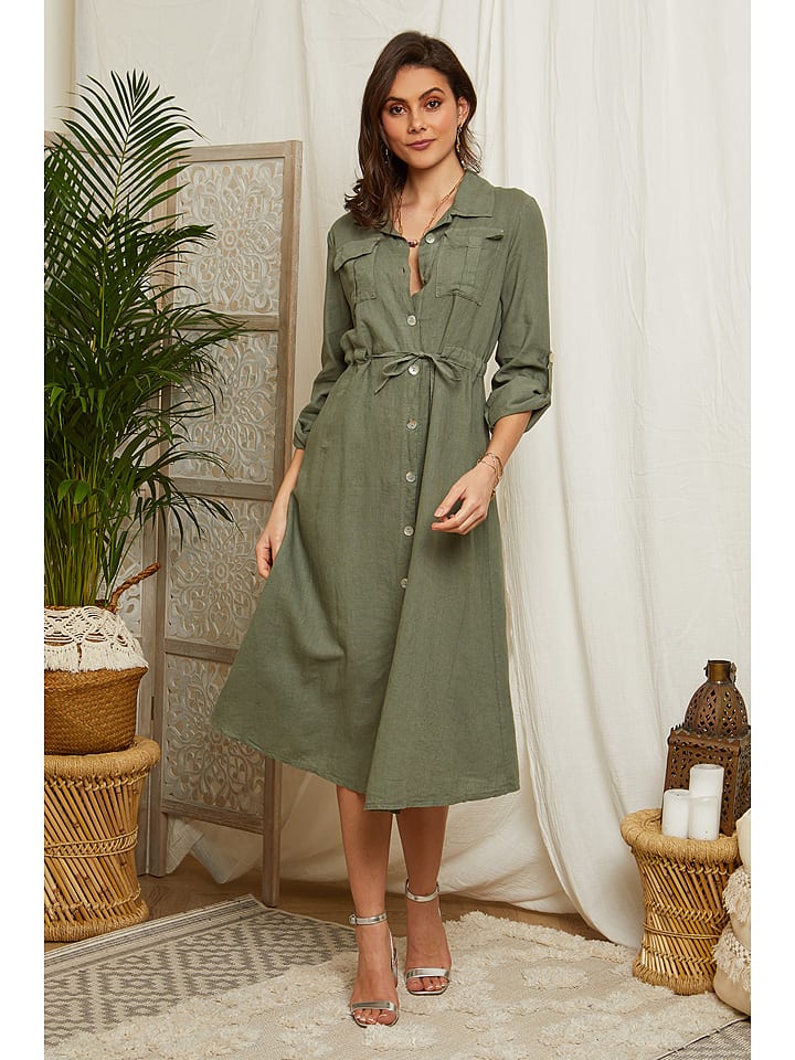 Lin Passion Lniana sukienka w kolorze khaki