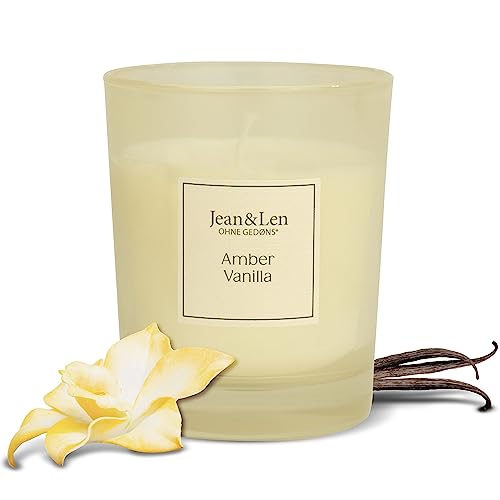 Jean & Len Świeca zapachowa Amber & Vanilla, na przytulne wieczory w domu, ręcznie robiona świeca zapachowa z cierpkim zapachem bursztynu i wanilii, świeca w stylowym szkle, wegańska, 120 g