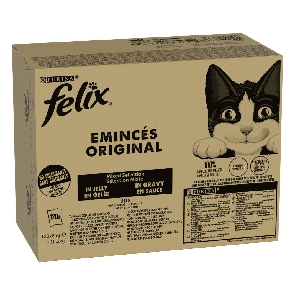 Jumbopack Felix Classic, saszetki, 120 x 85 g - Pakiet mięsno-rybny (4 warianty smakowe)