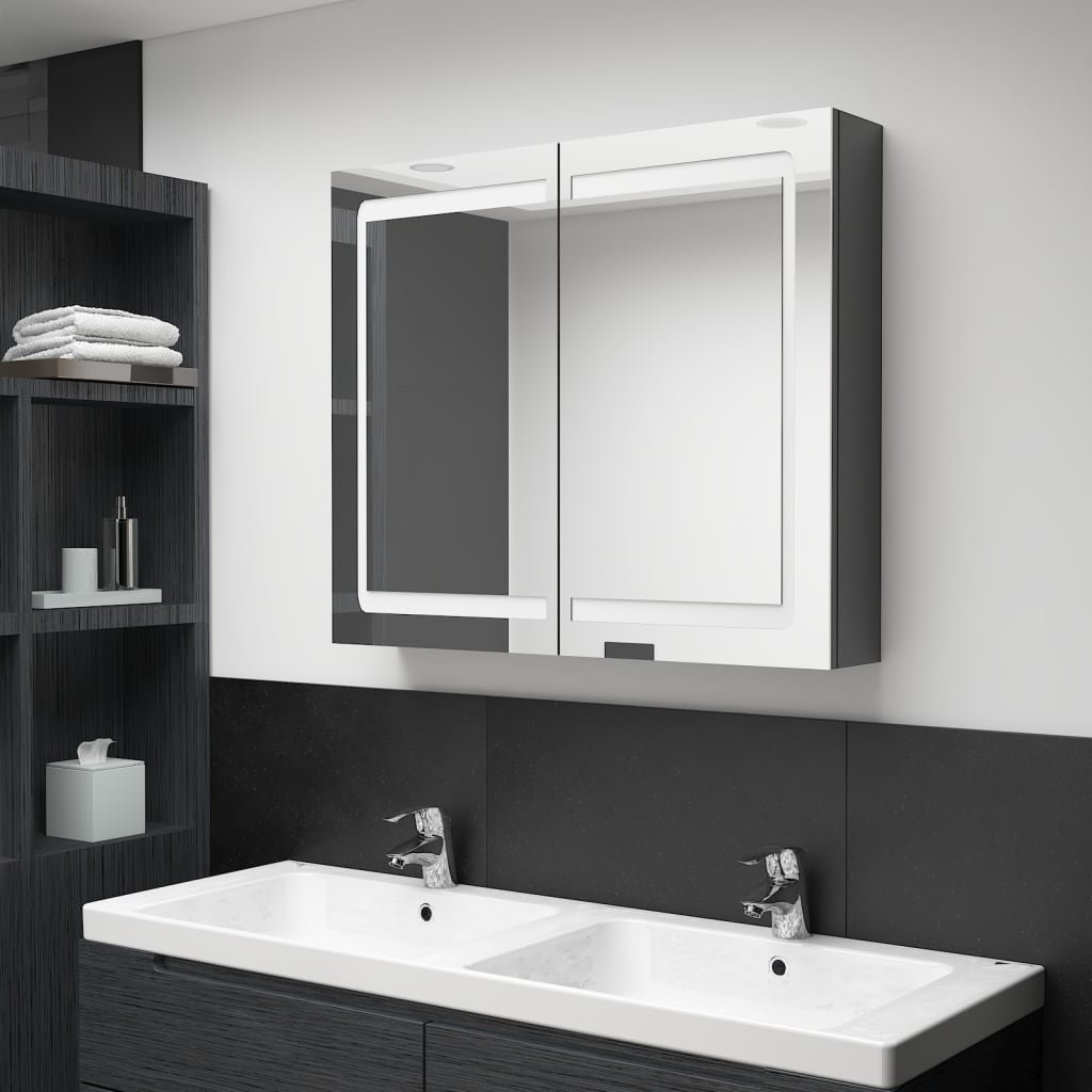vidaXL Szafka łazienkowa z lustrem i LED, lśniąca szarość, 80x12x68 cm