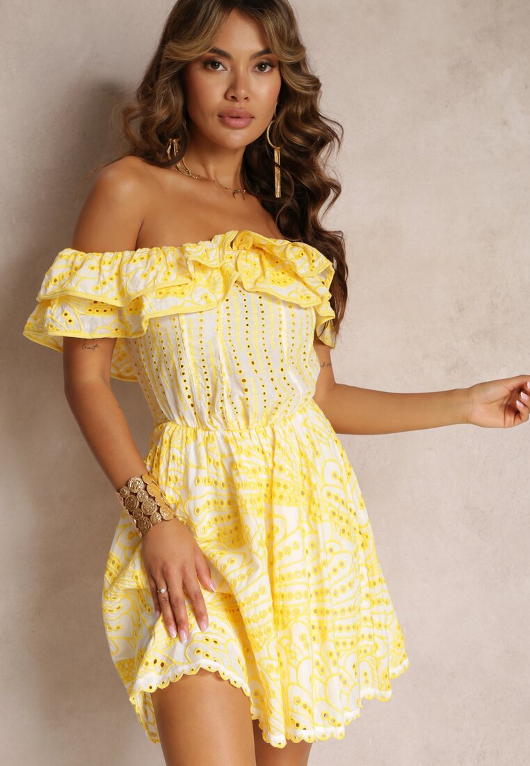 Żółta Haftowana Sukienka Mini z Hiszpańskim Dekoltem i Gumką w Talii Nissi