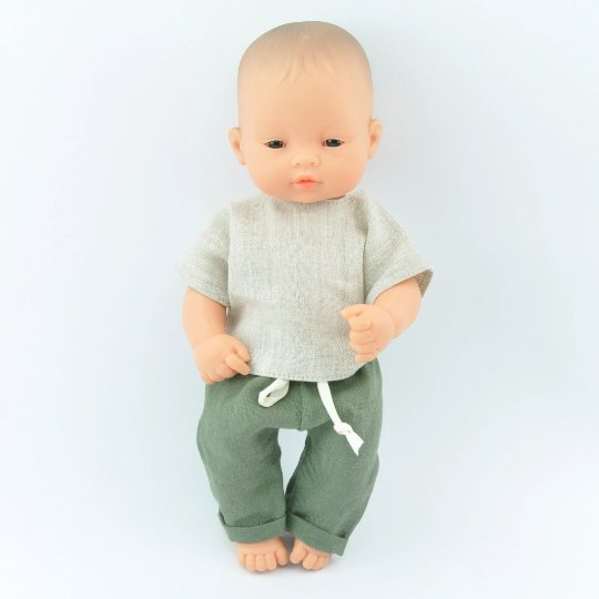 Ubranka Lniane Dla Lalki Miniland 32Cm, Koszulka I Zielone Spodnie