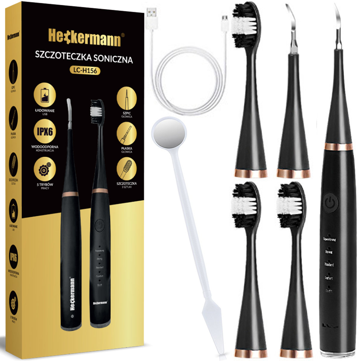 Elektryczna szczoteczka soniczna do zębów + scaler Heckermann LC-H156 Czarna