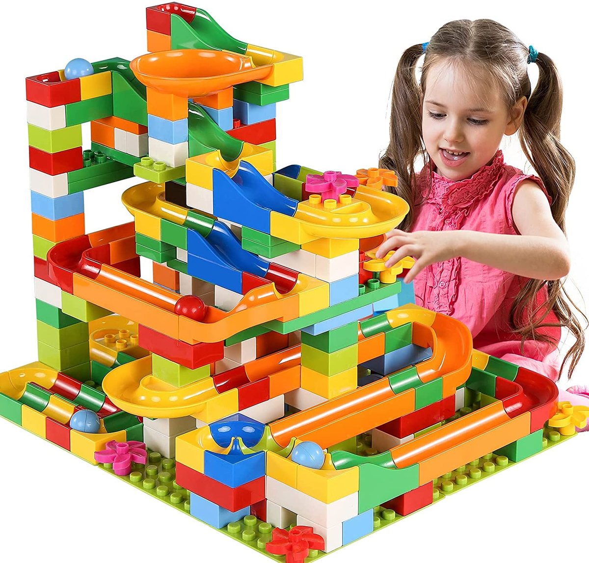 Klocki konstrukcyjne, duży tor kulkowy, kulodrom, labirynt dla kulek, 248 elementów.