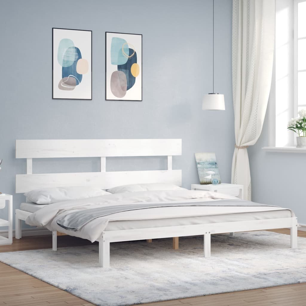 Rama łóżka z wezgłowiem, biała, 200x200 cm, lite drewno Lumarko!