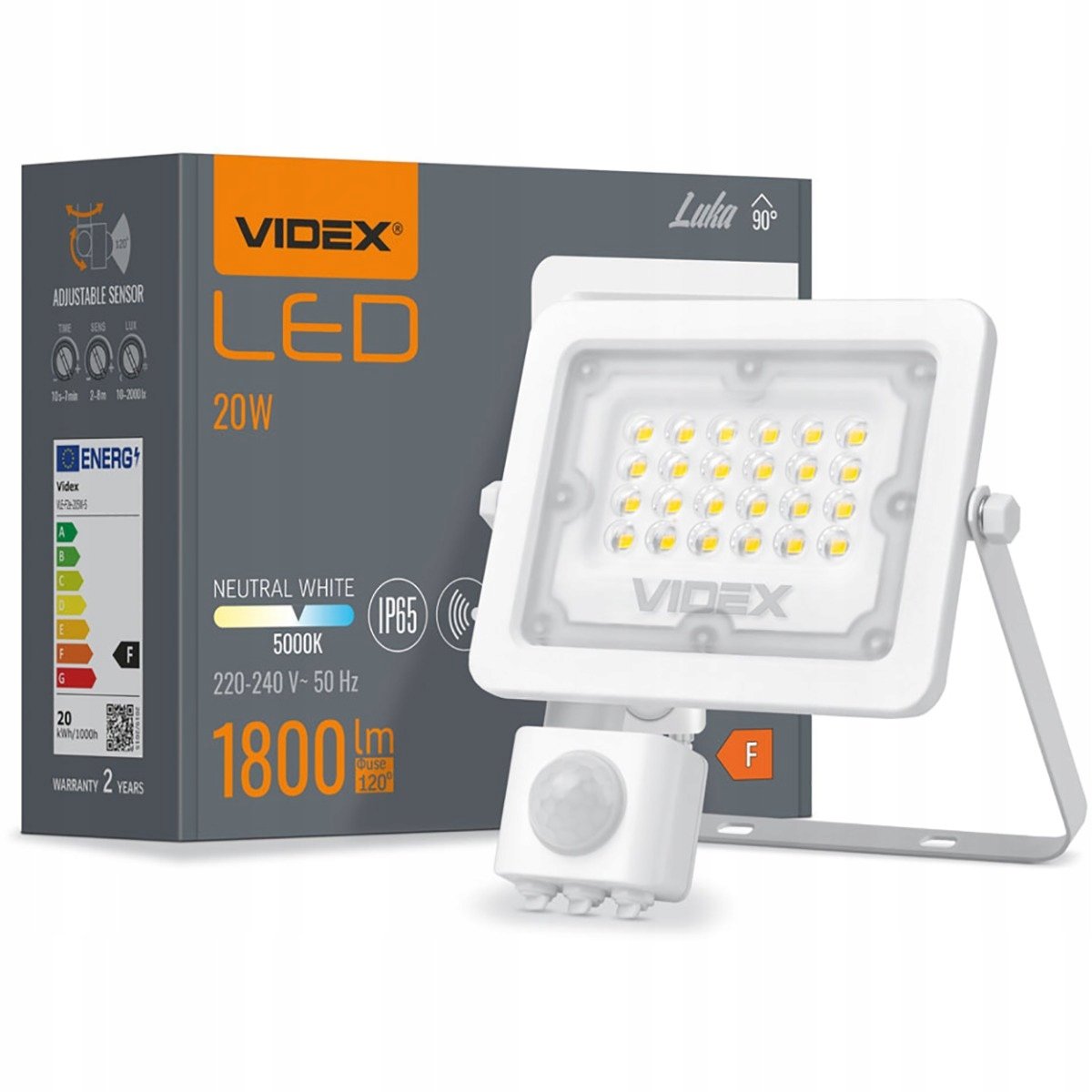 Naświetlacz LED 20W 1800lm 5000K IP65 Biały z czujnikiem ruchu i zmierzchu VIDEX LUCA