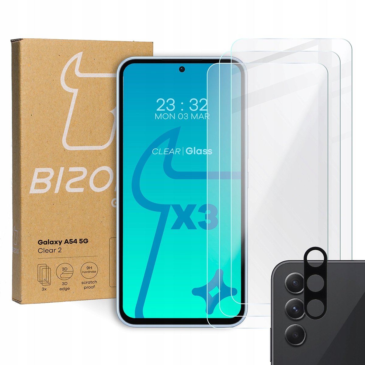 3X Szkło + Szybka Na Aparat Bizon Do Galaxy A54 5G