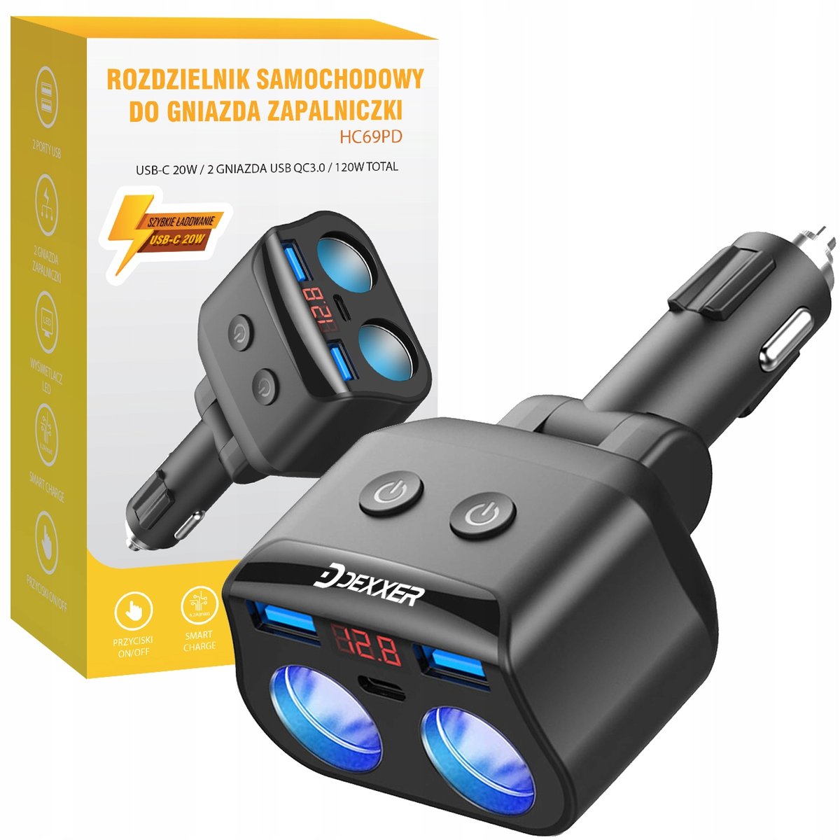 ROZDZIELACZ GNIAZDA ZAPALNICZKI 12-24V 3xUSB QC PD HC69PD