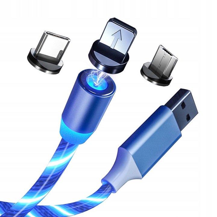 Świecący Magnetyczny Kabel Usb 3W1 Niebieski