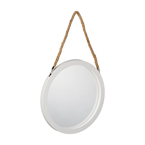 Relaxdays Lustro ścienne z liną, Ø 35 cm, okrągłe lustro do zawieszenia, do korytarza, łazienki, salonu, białe/naturalne