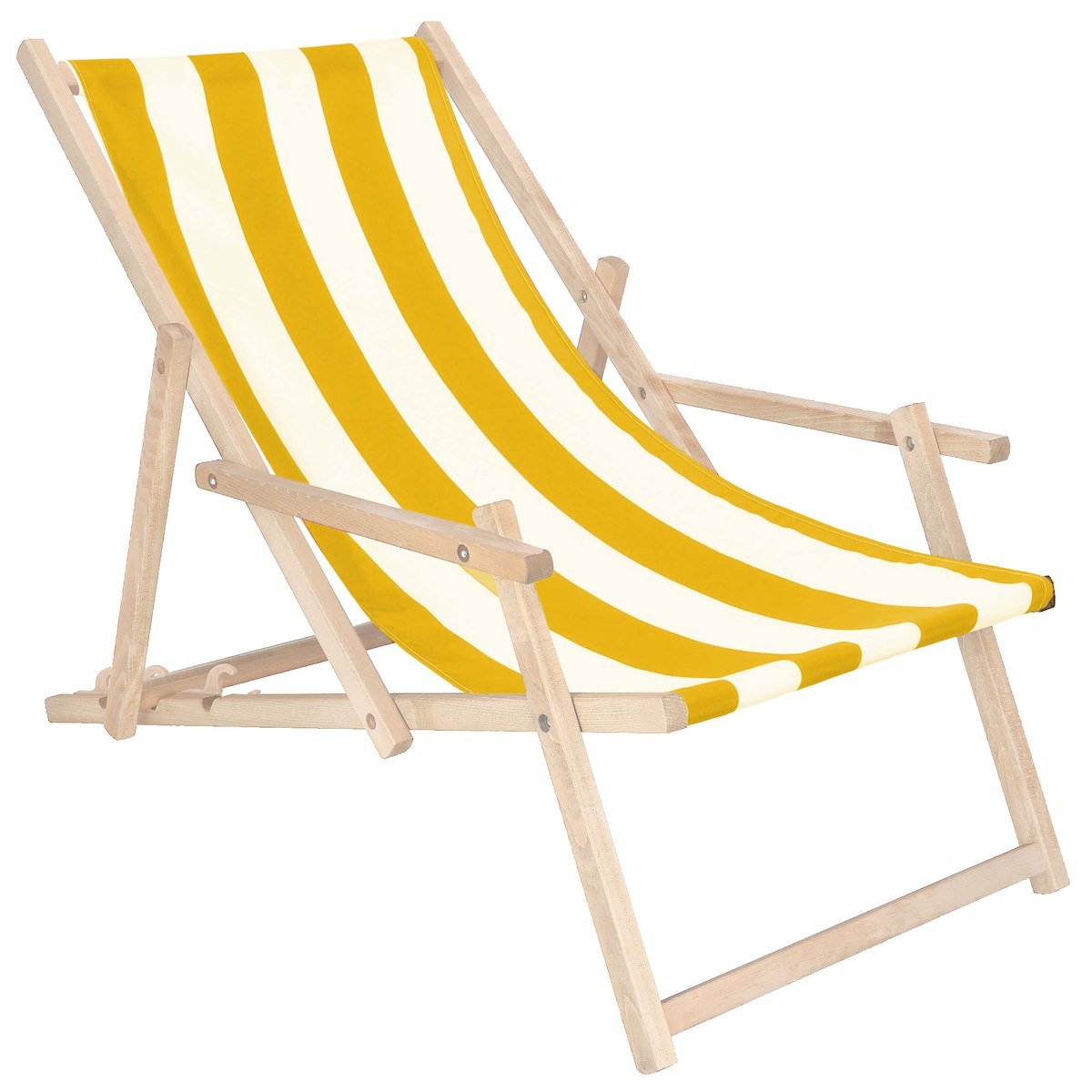 Leżak drewniany z podłokietnikami ogrodowy, plażowy żółto-białe pasy