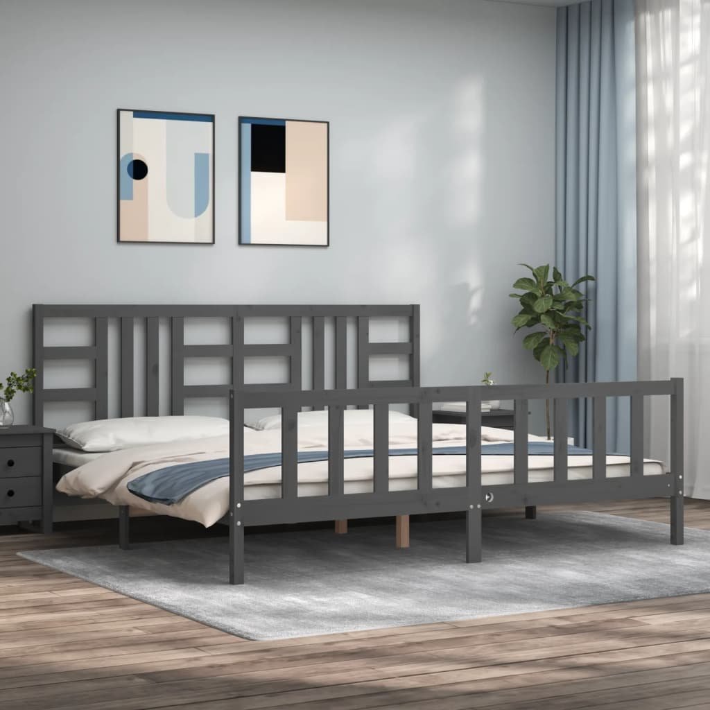 Rama łóżka z wezgłowiem, szara, 200x200 cm, lite drewno Lumarko!