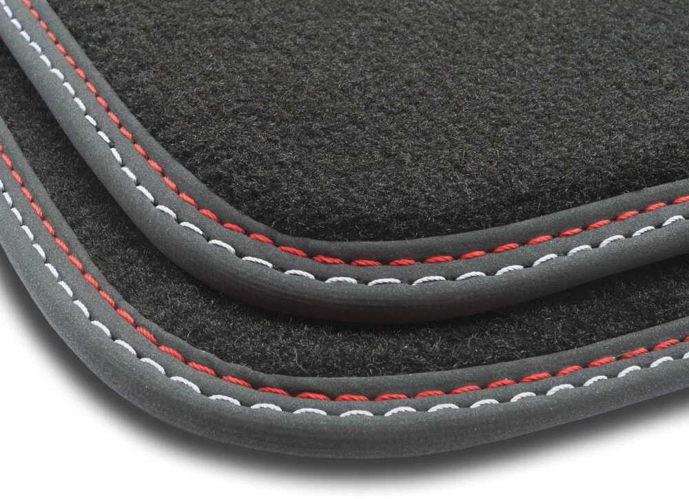 Dywaniki welurowe MOTOS Premium  do Tesla Model Y od 2020 - Czarna lamówka matowa (nubuk) obszyta czerwoną i białą nicią