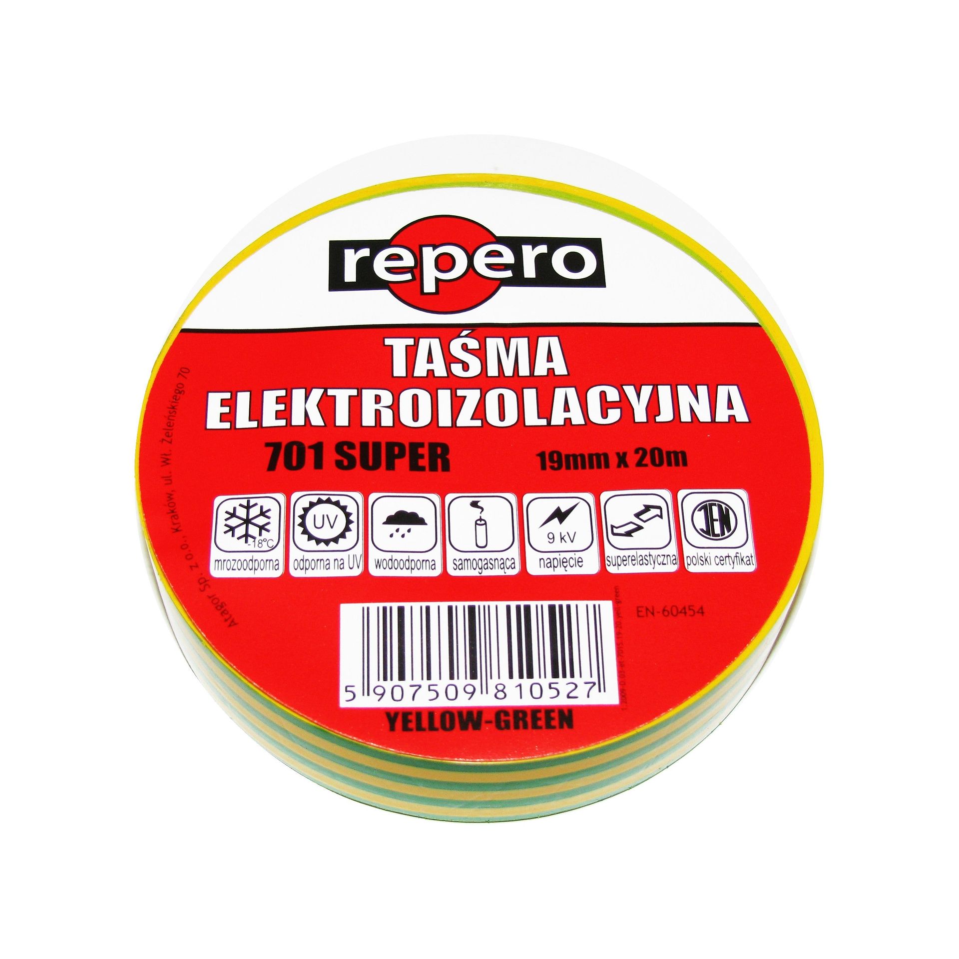 Taśma elektroizolacyjna Repero 701 19mm/20m mrozoodporna żółto-zielona