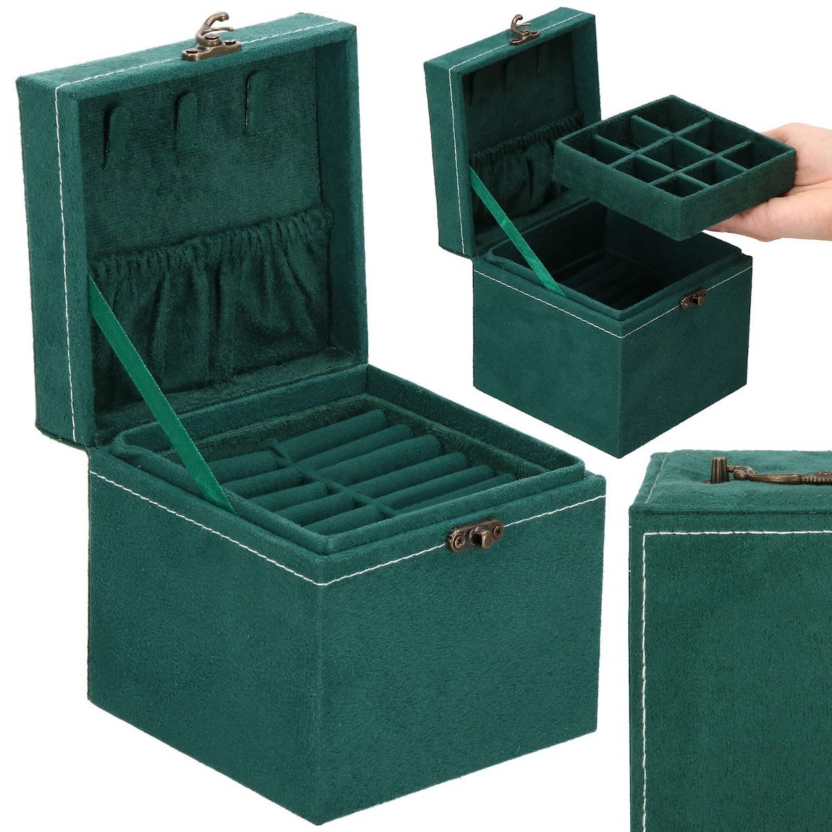 Szkatułka Na Biżuterię 12X12X12 Cm Zielony Kuferek Z Przegródkami Welurowy