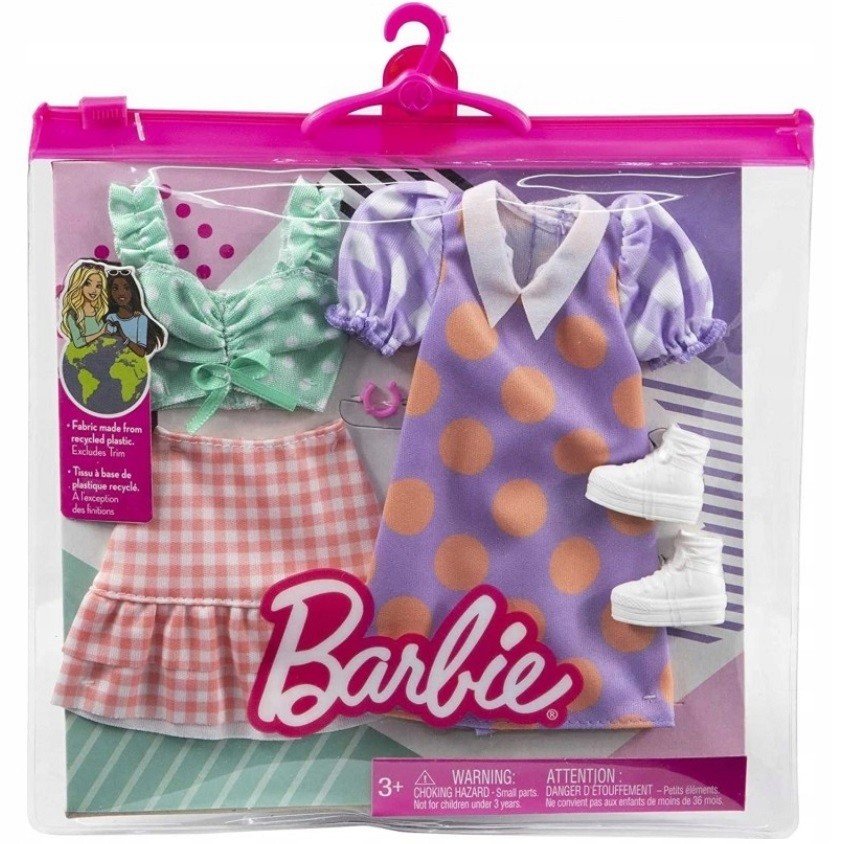 Ubranka Barbie bluzka w kropki i spódnica w kratkę, sukienka Mattel