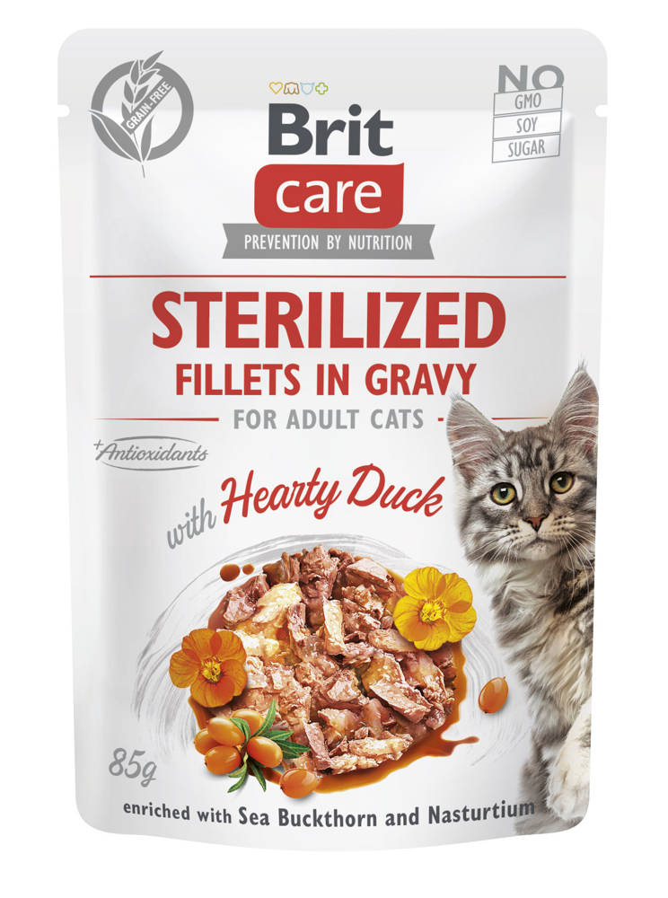 top BRIT CARE Cat Sterilized Fillets in Gravy with Hearty Duck Enriched with Sea Buckthorn and Nasturtium 85g