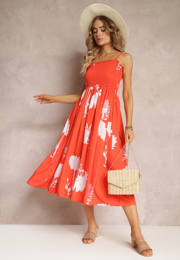 Pomarańczowa Rozkloszowana Sukienka w Kwiaty Cronida