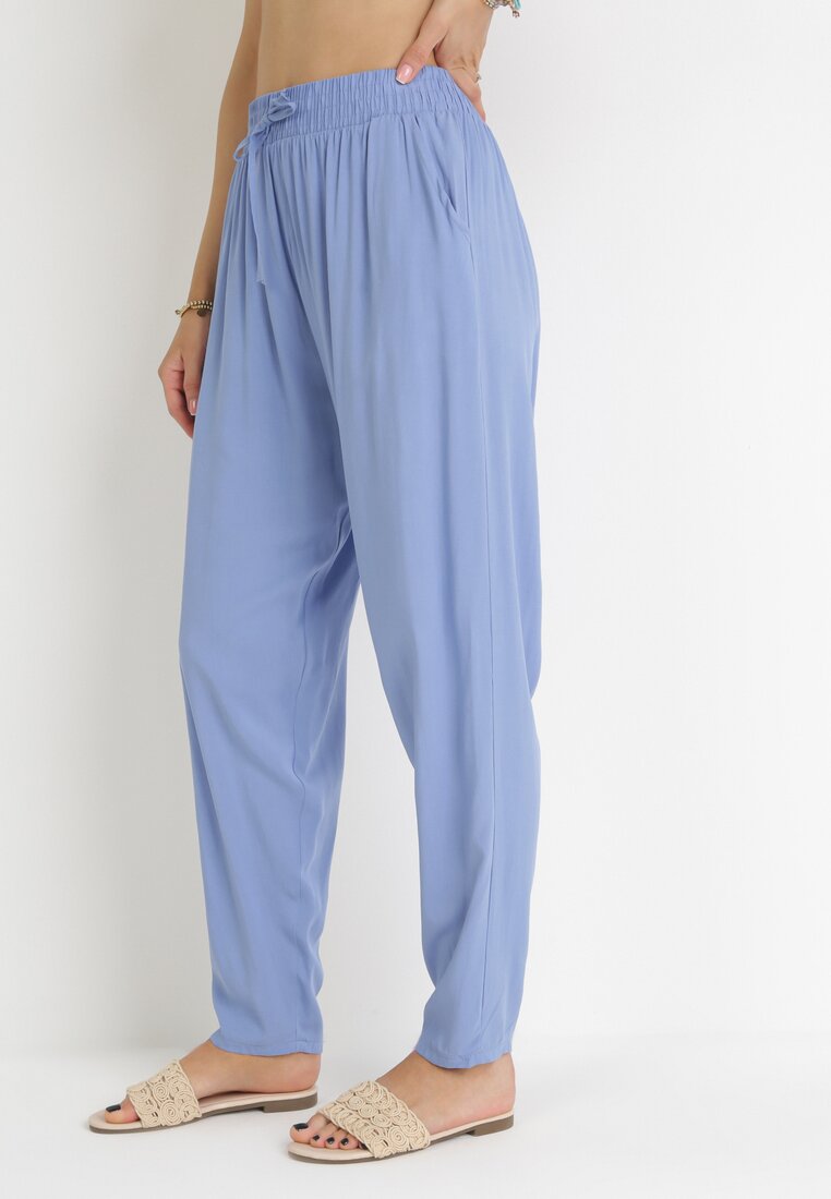 Niebieskie Spodnie z Marszczoną Gumką w Pasie i Troczkiem z Wiskozy Honori