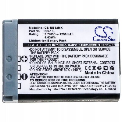 Cameron Sino Canon Powershot G7X NB-13L 1250mAh 4.63Wh Li-Ion 3.7V