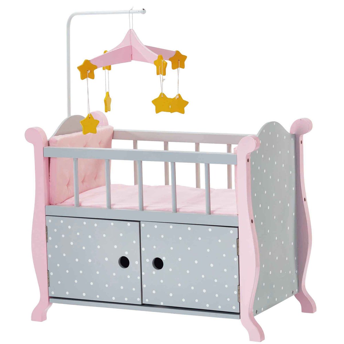 Olivia's Little World Różowe Kropki Dziecięce Łóżeczko dla Lalek Drewniane Łóżeczko dla Lalek z Mobilnym Mebelkiem dla Lalek TD-0206AG