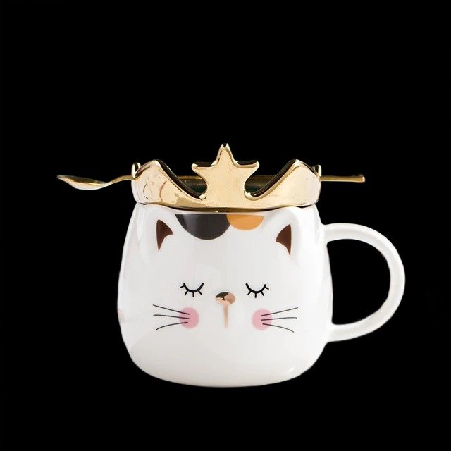 Kubek Ceramiczny Z Kotem Kot 480 ml z Przykrywką i Łyżeczką Biały