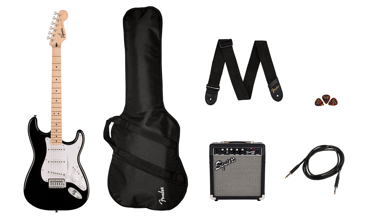 Squier Sonic Stratocaster Pack Maple Fingerboard Black Gig Bag 10G 230V EU