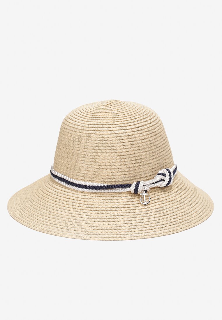 Jasnobeżowy Pleciony Kapelusz z Szerokim Rondem i Kontrastową Taśmą Paccea