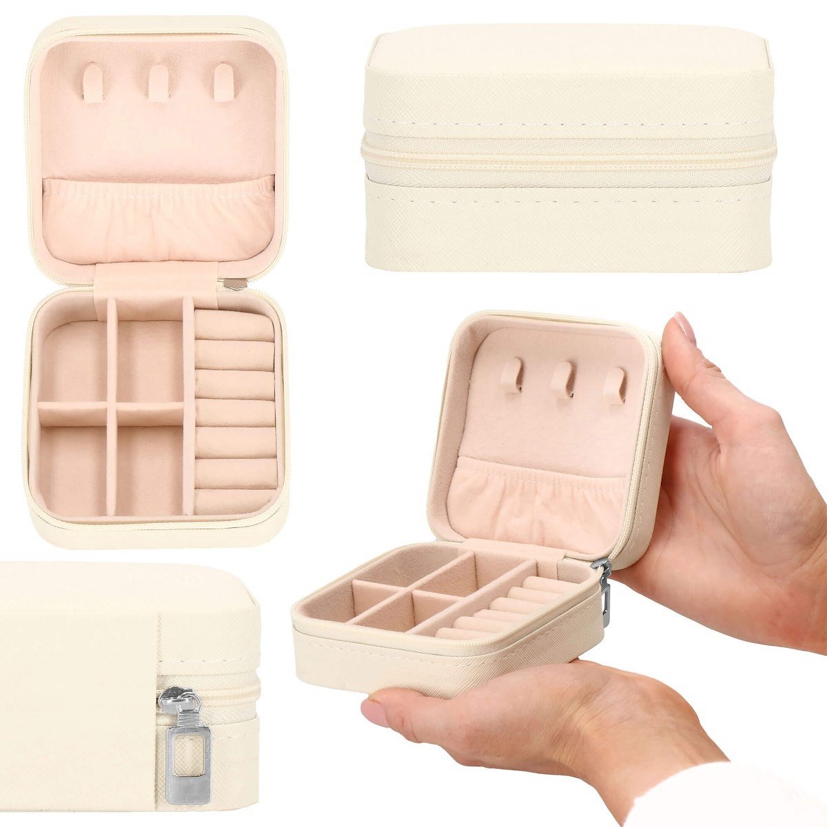 Szkatułka Na Biżuterię Ekoskóra 10X10X5 Cm Kremowy Kuferek Z Przegródkami