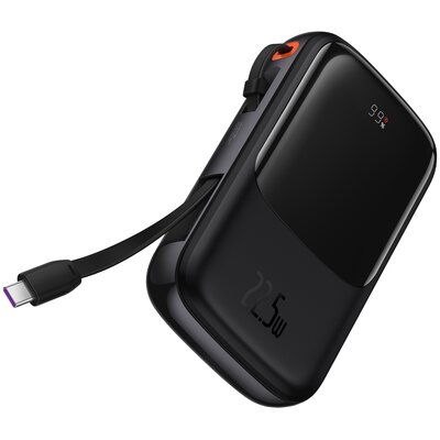 Baseus Qpow Digital Display powerbank z szybkim ładowaniem 10000mAh 22,5W QC/PD/SCP/FCP z wbudowanym kablem USB-C czarny