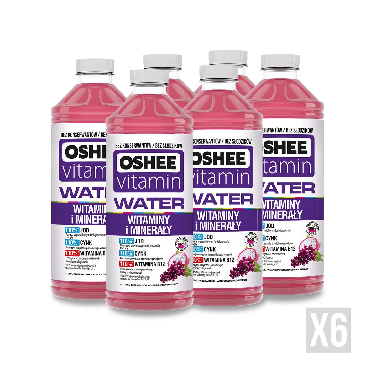6x OSHEE Vitamin Water witaminy i minerały winogrona - dragonfruit 1100 ml