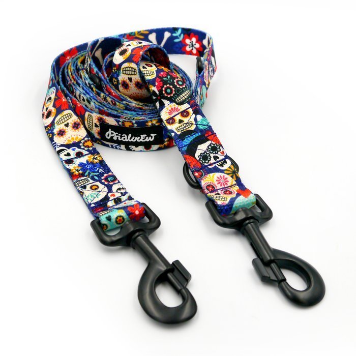 Długa Smycz Dla Psa Przepinana Regulowana Día De Los Muertos, Szerokość 2,5 Cm, Karabińczyk 8Cm Czarny-220 Cm