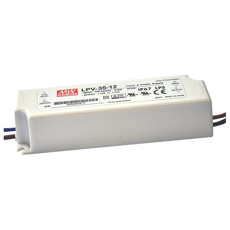 Zasilacz impulsowy do oświetlenia LED 36W 12VDC 3A, obudowa IP67, nap.wejśc.: 90-264VAC; 127-370VDC; LPV-35-12; Mean Well