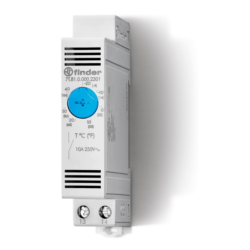 Termostat do szafy, czujnik termostat; styki:NO;10A; 250VAC;7-4 K; IP20; montaż:DIN, producent: Finder