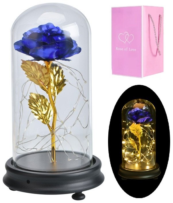 Świecąca Niebieska Róża w Szklanej Kopule LED